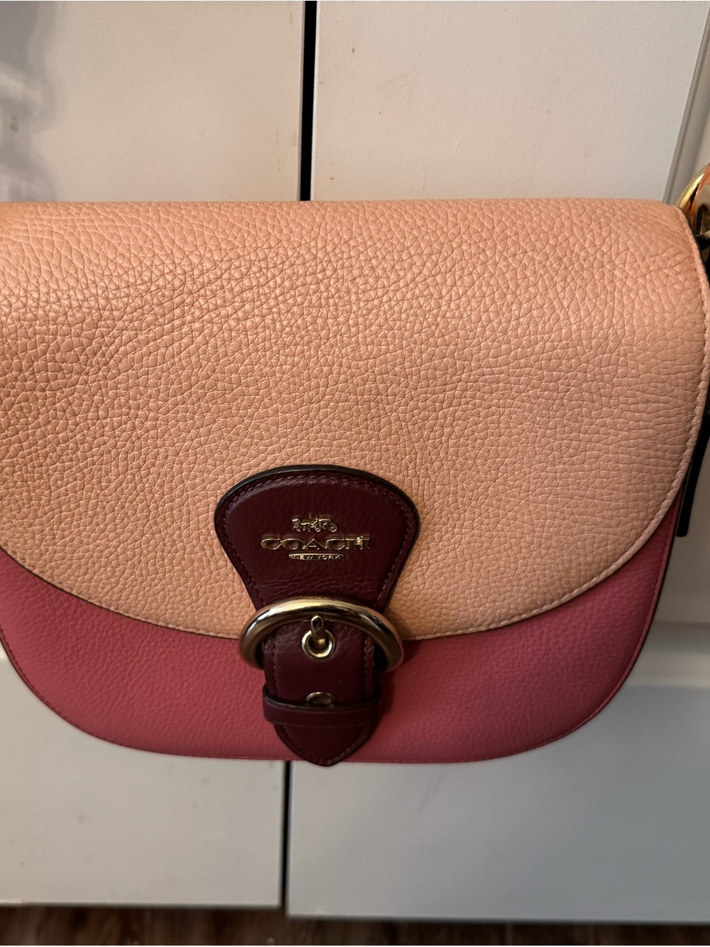 Coach Colorblock Pebbled Leather Saddle Crossbody - Blush, Rose & Burgundy
